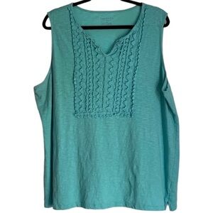 Talbots Aqua Sleeveless Tank with Embroidered Front, 100% Cotton, [Size 3X]